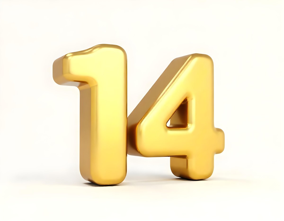Golden Number Fourteen In A White Background 3 E65c