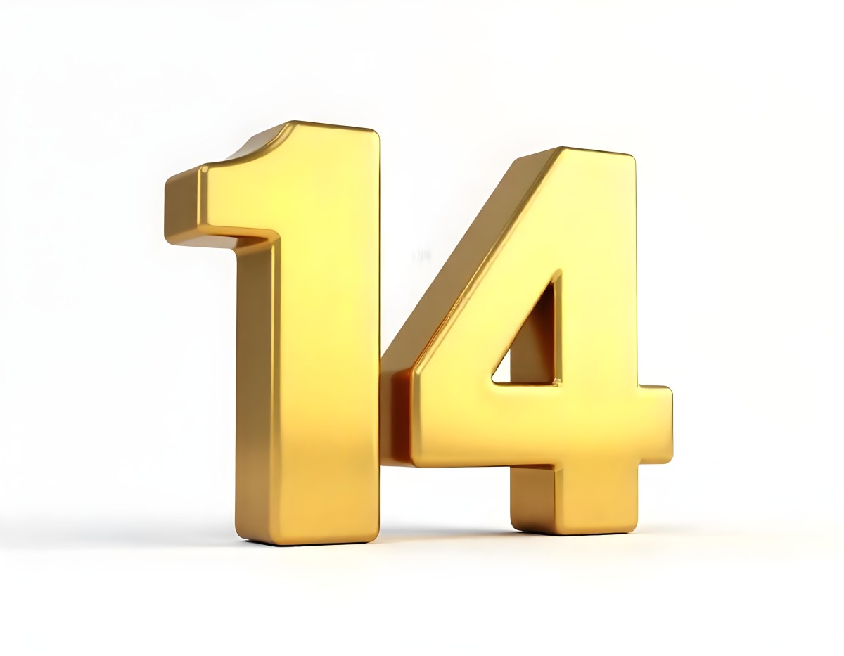 Golden Number Fourteen In A White Background 7 B04b
