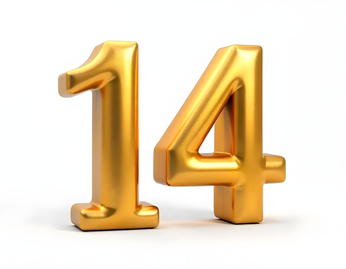 Golden Number Fourteen In A White Background 8 6576