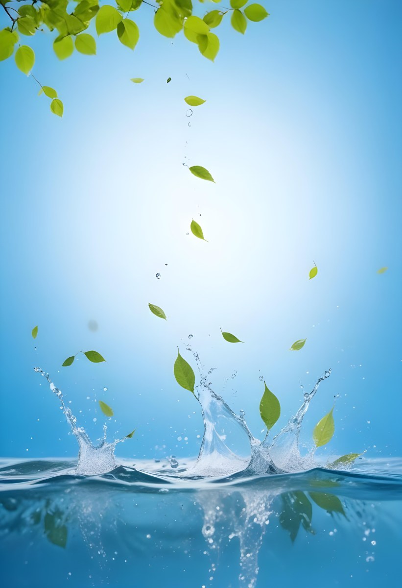 Green Leaves Falling Into Splashing Water