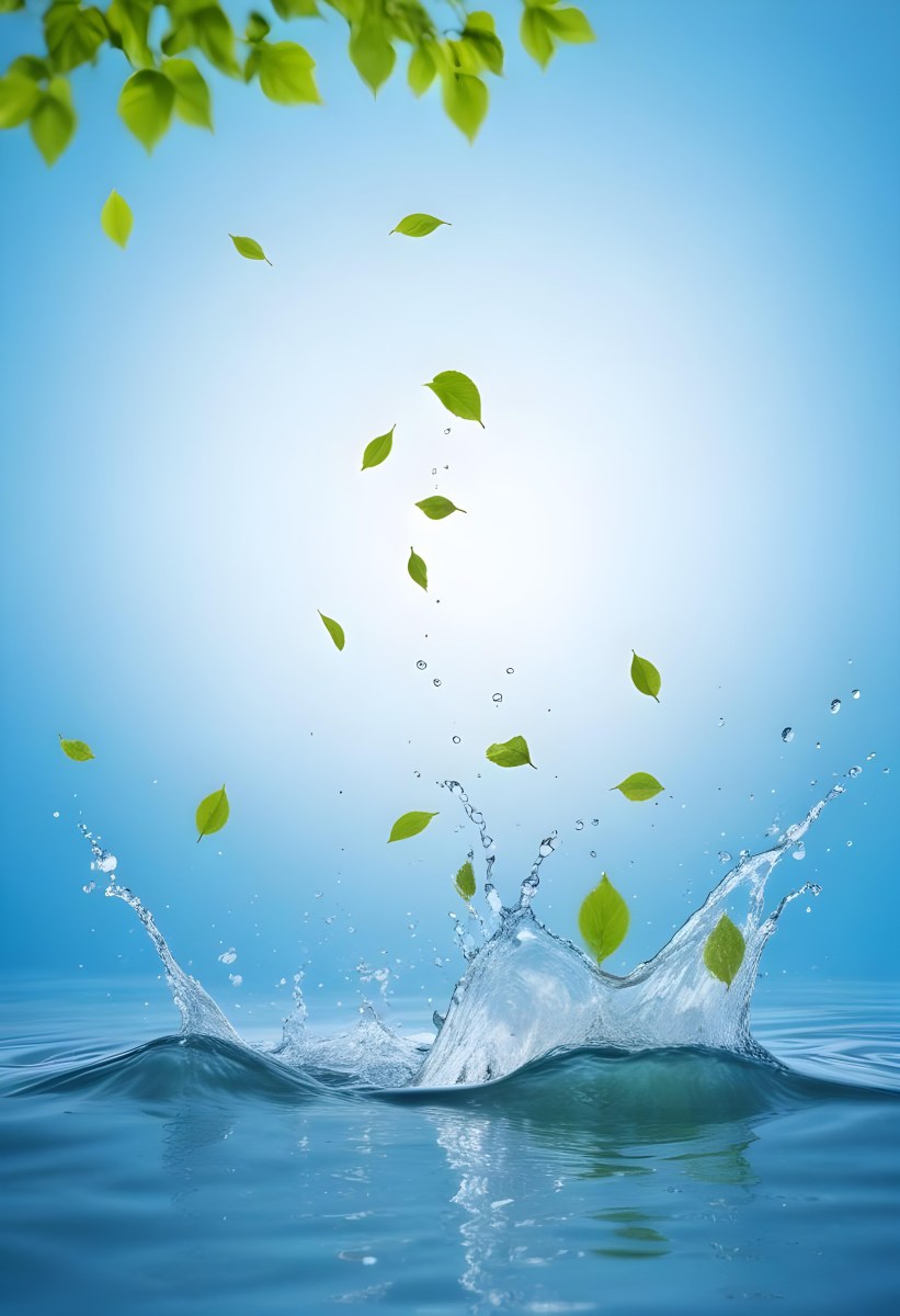 Green Leaves Falling Into Splashing Water Against A Blue Background 12 41e6
