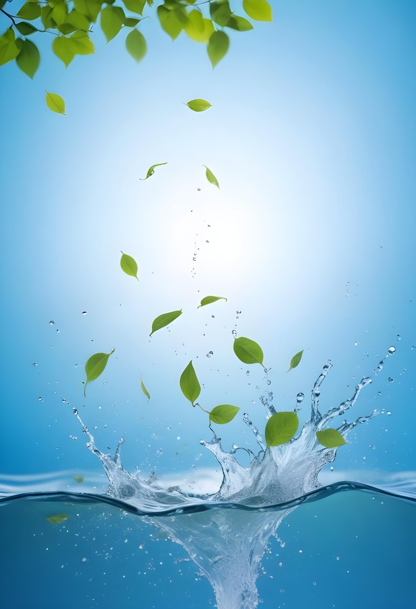 Green Leaves Falling Into Splashing Water Against A Blue Background 13 Eb72