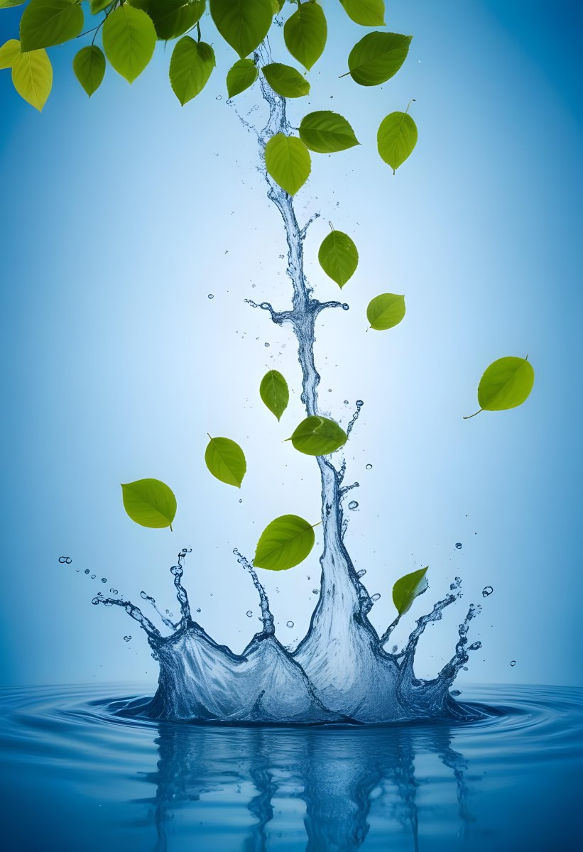 Green Leaves Falling Into Splashing Water Against A Blue Background 14 9e0a