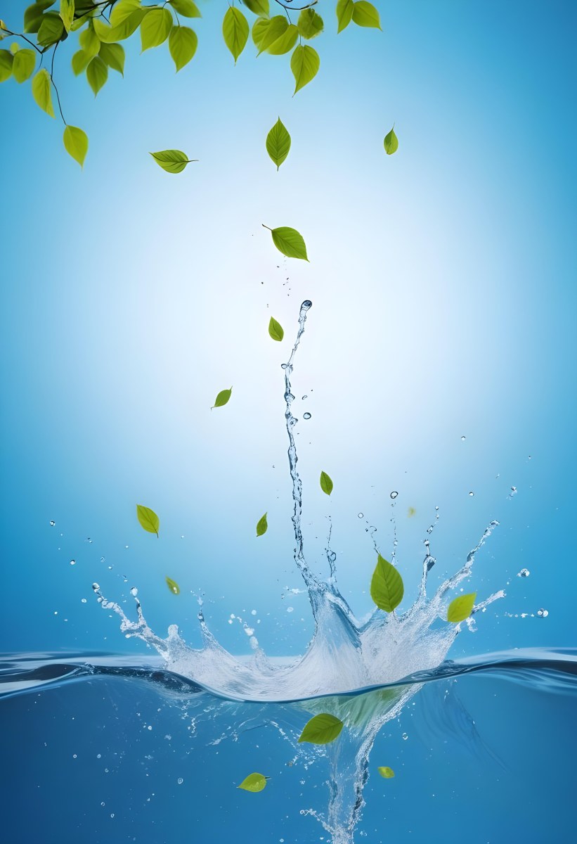 Green Leaves Falling Into Splashing Water Against A Blue Background 15 D511