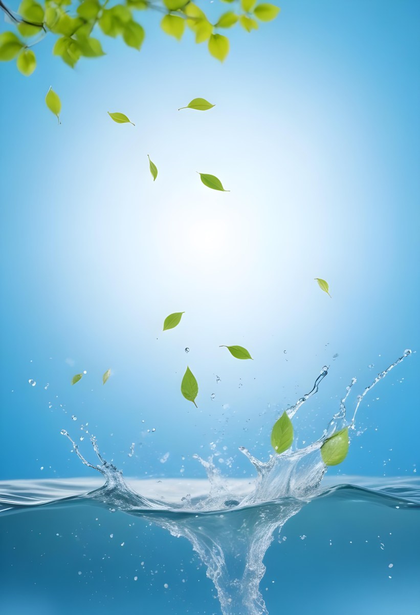 Green Leaves Falling Into Splashing Water Against A Blue Background 16 A488