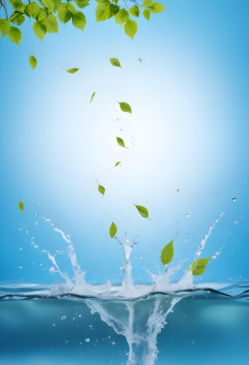 Green Leaves Falling Into Splashing Water Against A Blue Background 17 Fc35