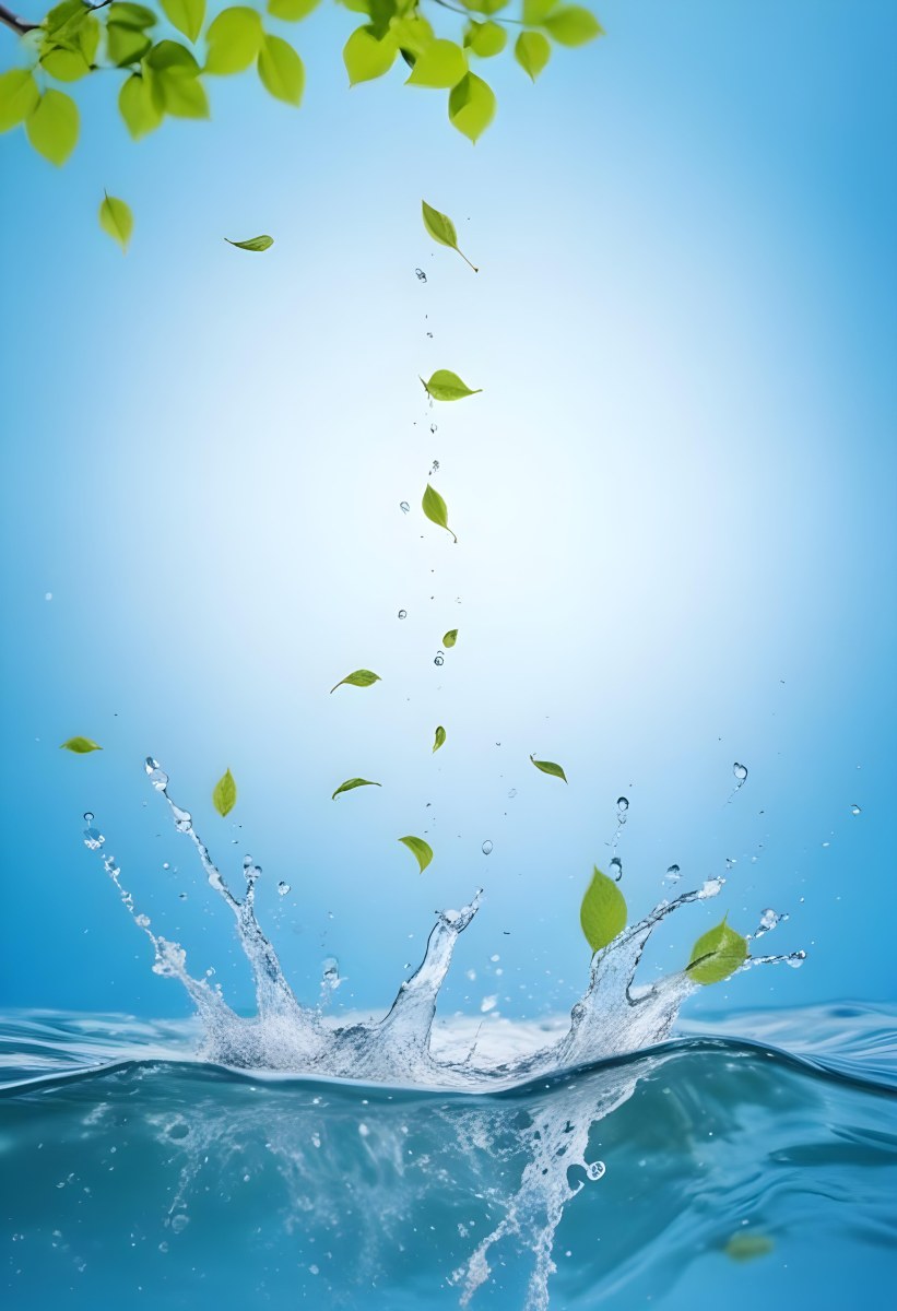 Green Leaves Falling Into Splashing Water Against A Blue Background 2 20f9