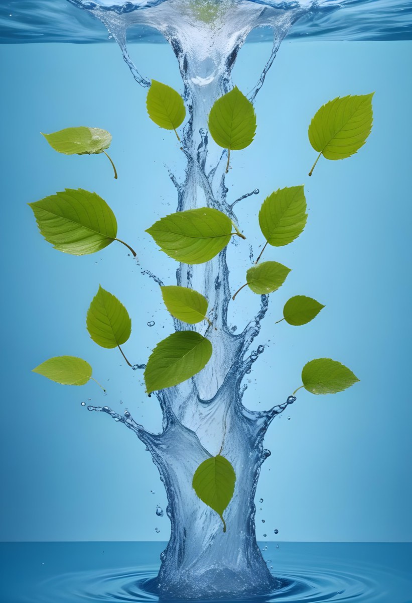 Green Leaves Falling Into Splashing Water Against A Blue Background 3 C2e3