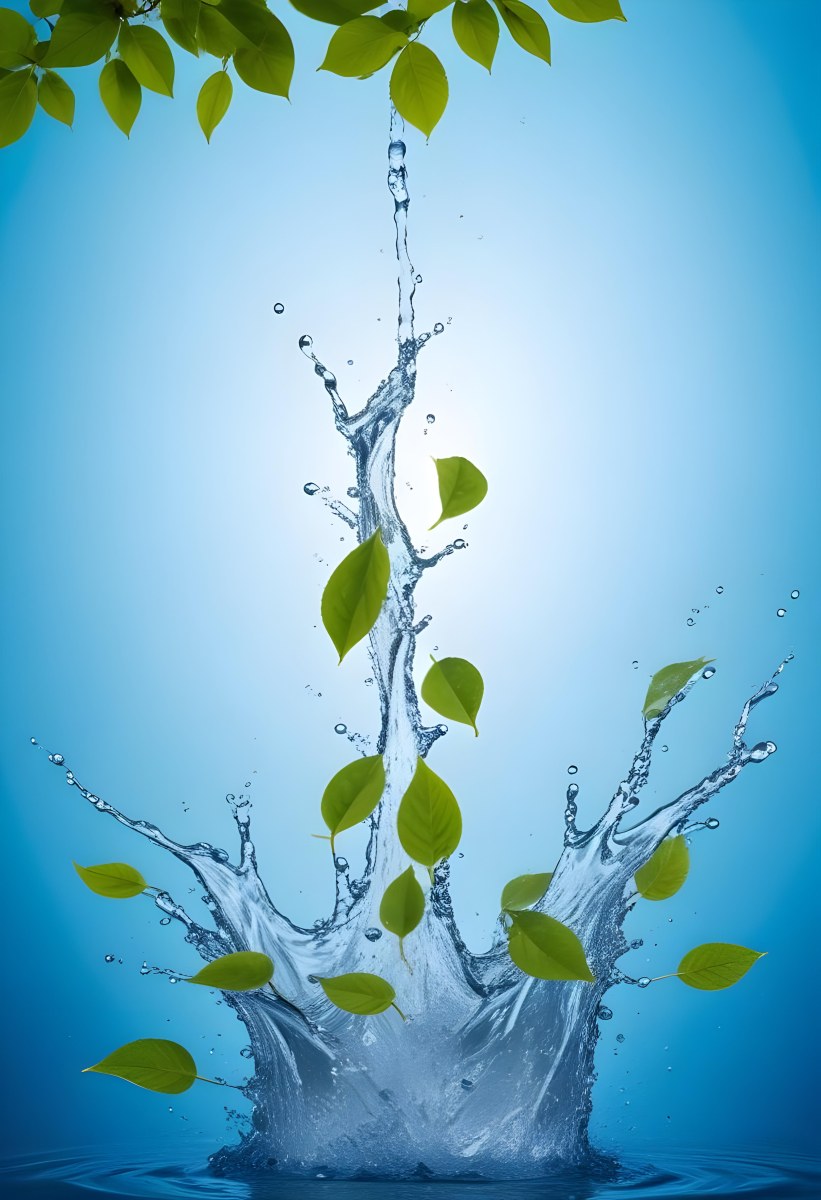 Green Leaves Falling Into Splashing Water Against A Blue Background 5 A776
