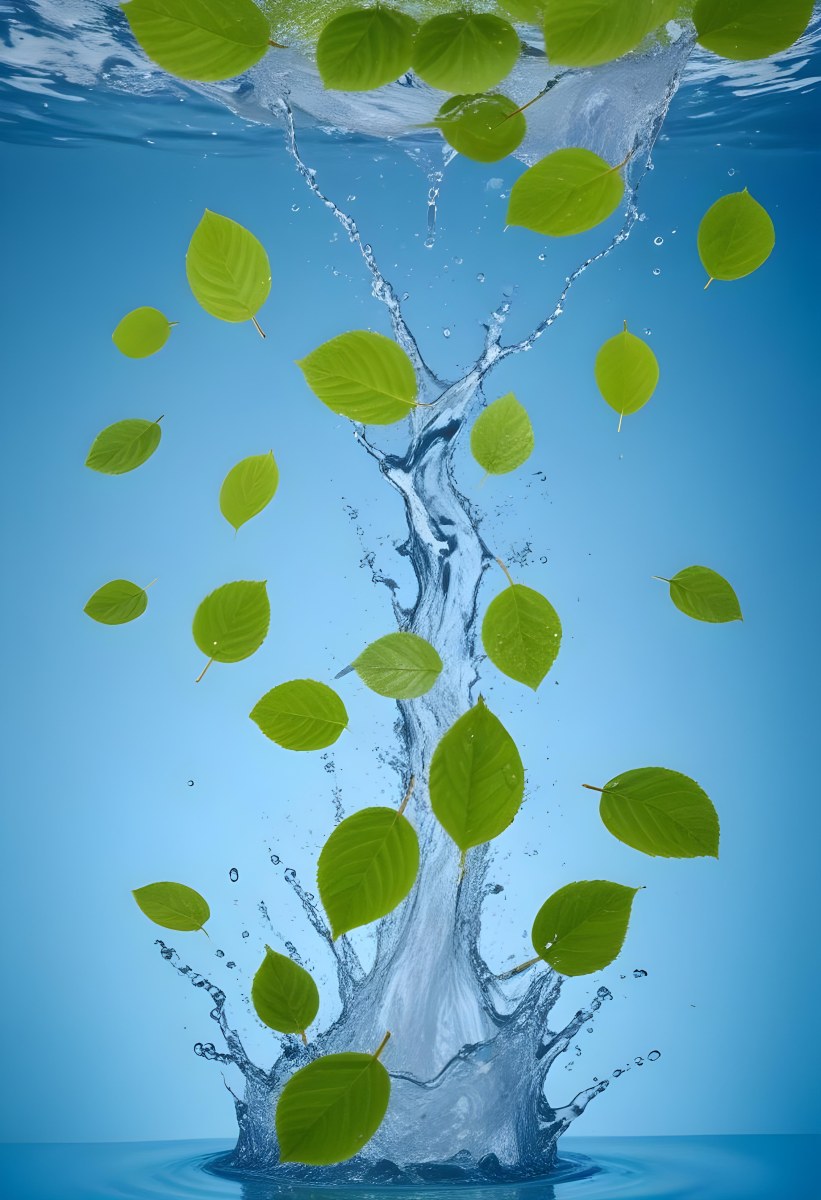 Green Leaves Falling Into Splashing Water Against A Blue Background 6 D98b