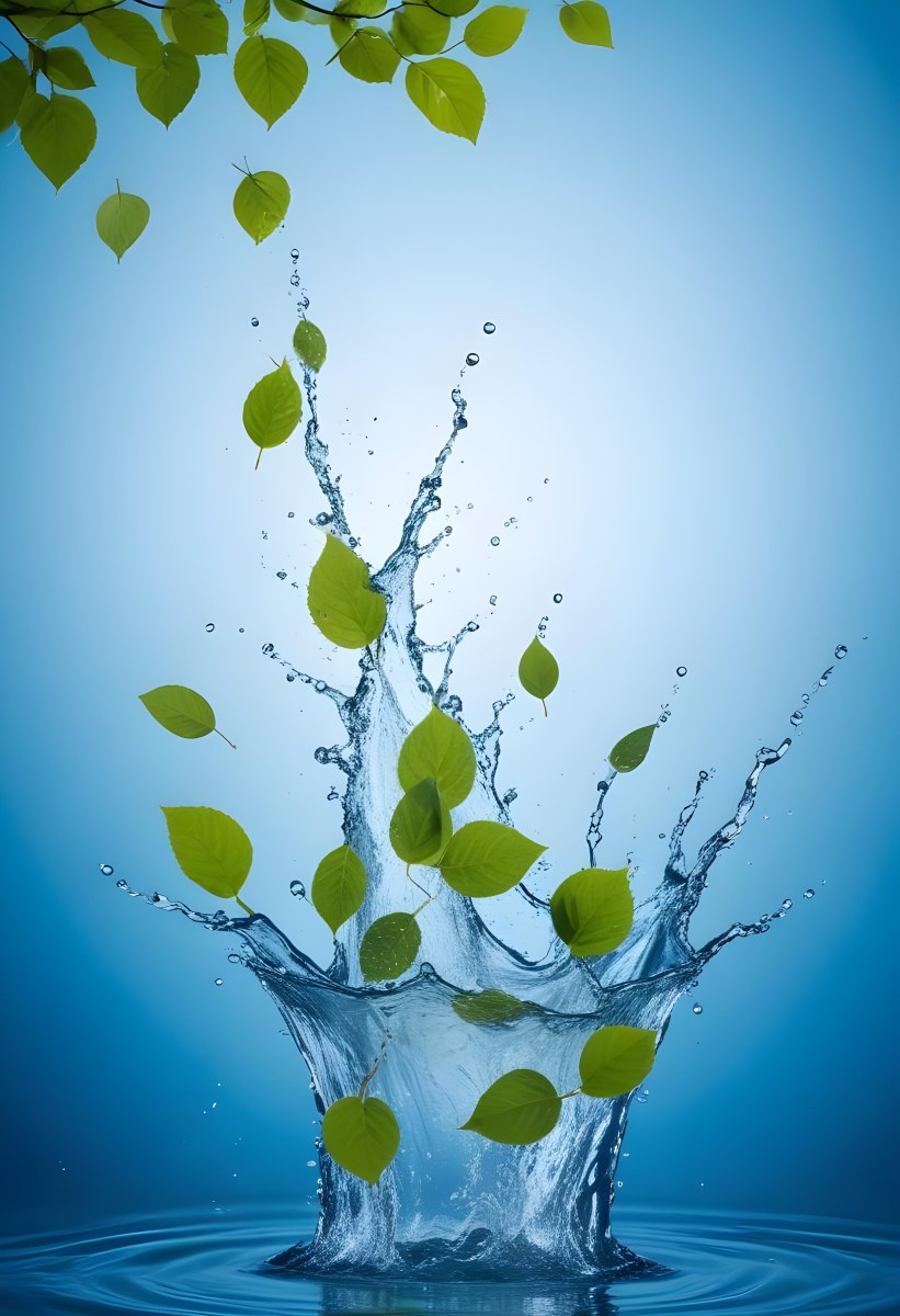 Green Leaves Falling Into Splashing Water Against A Blue Background 9 643e