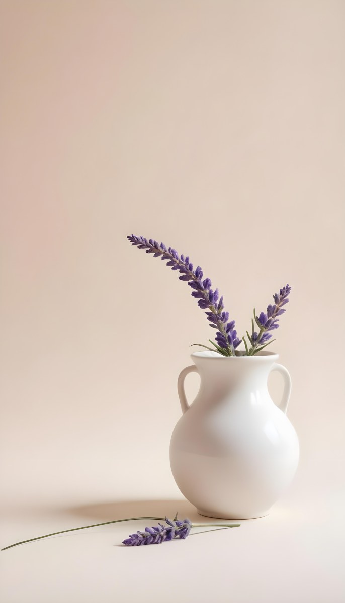 Lavender Flower In A White Ceramic Vase White Background Soft Lighting Minimalist Composition Clean Aesthetic Elegant Simple Calming Floral Arrangement Botanical Decorative 12 2cfc