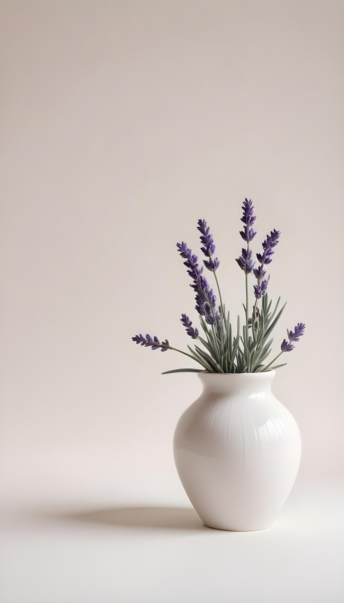 Lavender Flower In A White Ceramic Vase White Background Soft Lighting Minimalist Composition Clean Aesthetic Elegant Simple Calming Floral Arrangement Botanical Decorative 14 A925
