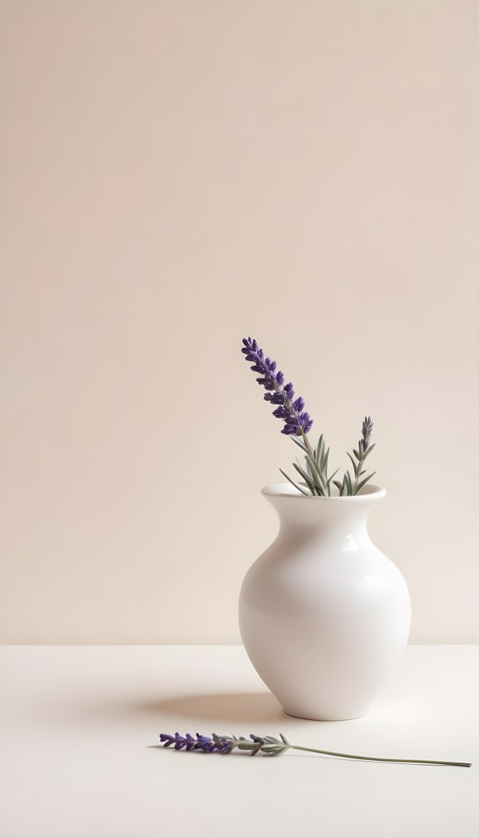 Lavender Flower In A White Ceramic Vase White Background Soft Lighting Minimalist Composition Clean Aesthetic Elegant Simple Calming Floral Arrangement Botanical Decorative 15 60ba