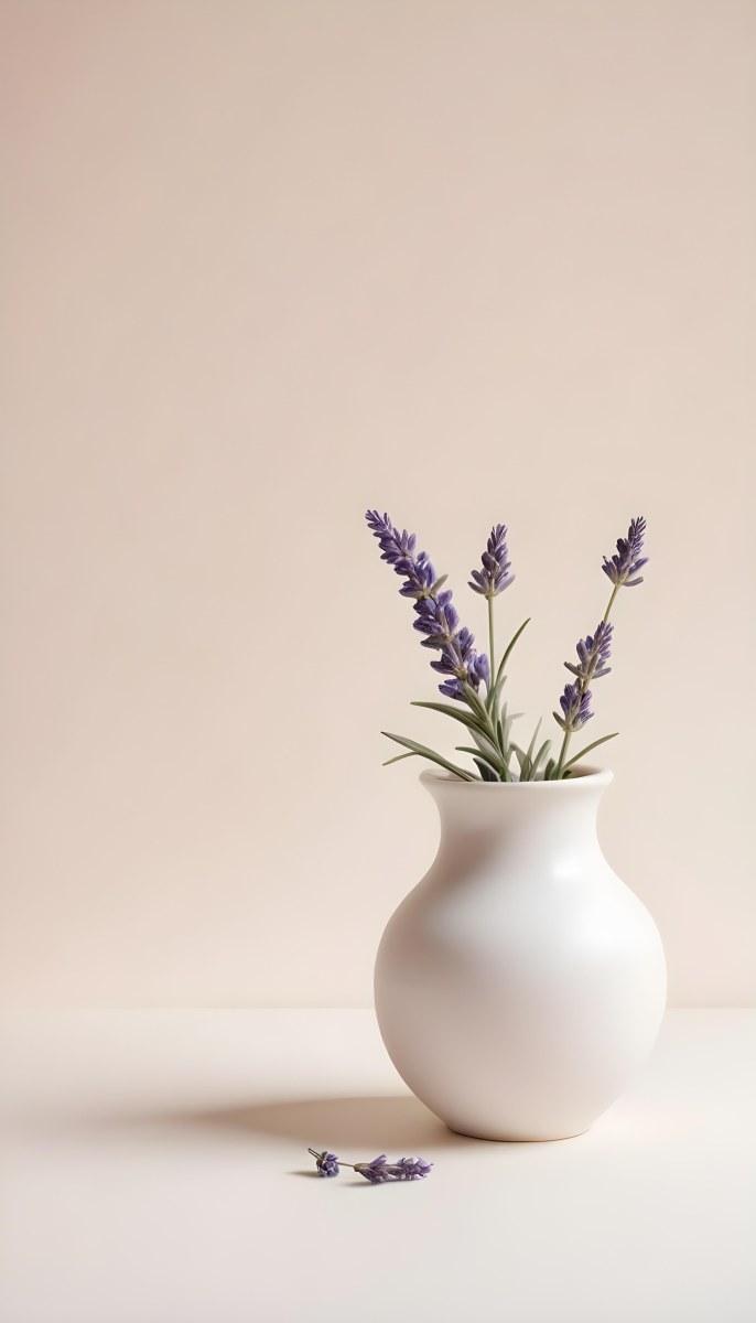 Lavender Flower In A White Ceramic Vase White Background Soft Lighting Minimalist Composition Clean Aesthetic Elegant Simple Calming Floral Arrangement Botanical Decorative 20 88e8