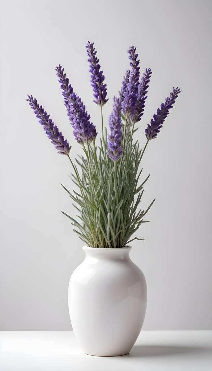 Lavender Flower In A White Ceramic Vase White Background Soft Lighting Minimalist Composition Clean Aesthetic Elegant Simple Calming Floral Arrangement Botanical Decorative 22 73b8