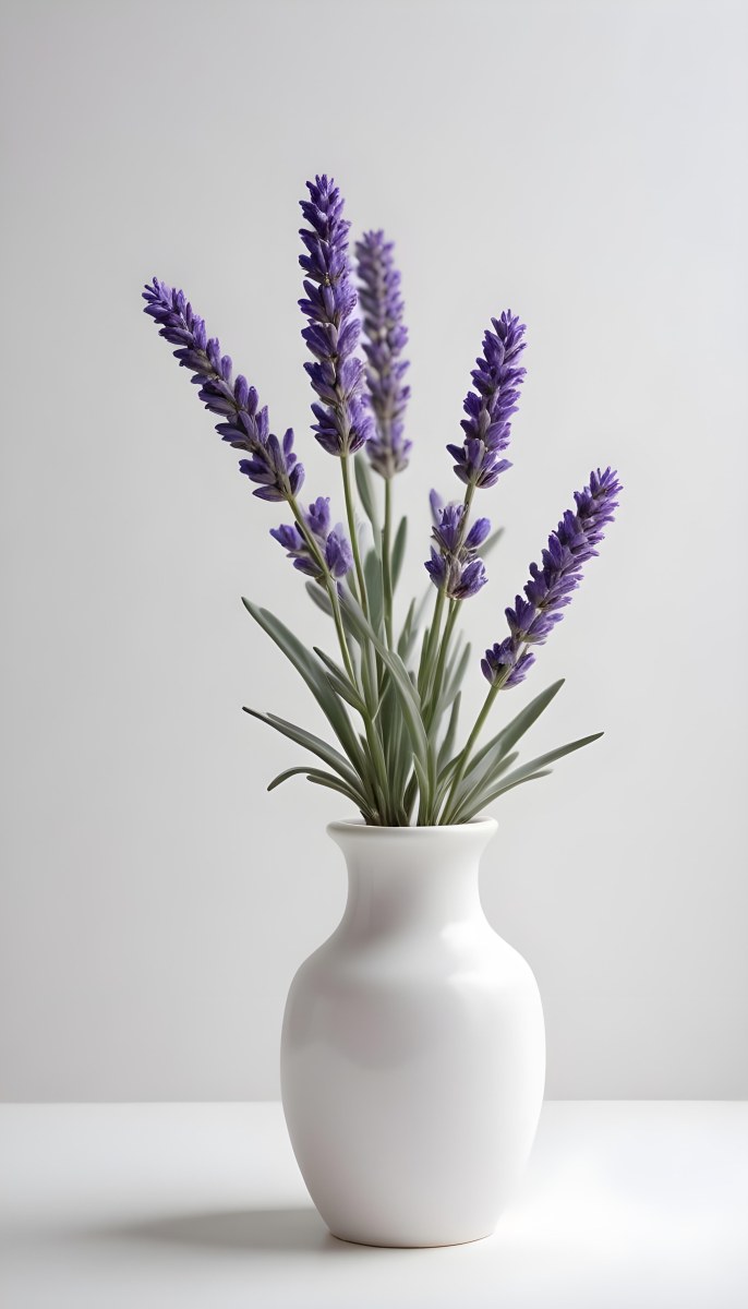 Lavender Flower In A White Ceramic Vase White Background Soft Lighting Minimalist Composition Clean Aesthetic Elegant Simple Calming Floral Arrangement Botanical Decorative 23 B55d