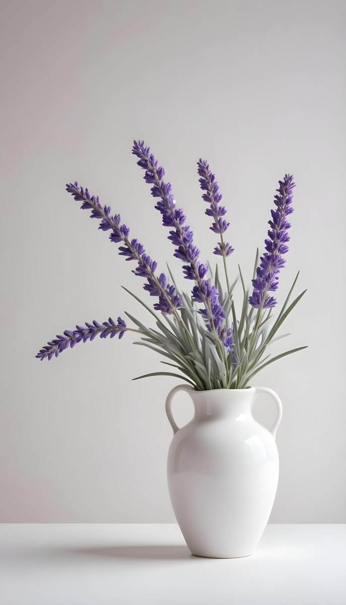 Lavender Flower In A White Ceramic Vase White Background Soft Lighting Minimalist Composition Clean Aesthetic Elegant Simple Calming Floral Arrangement Botanical Decorative 27 E02e