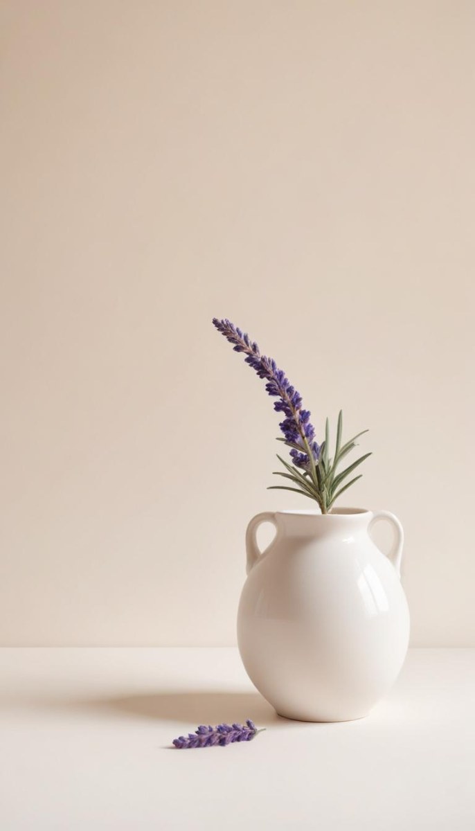 Lavender Flower In A White Ceramic Vase White Background Soft Lighting Minimalist Composition Clean Aesthetic Elegant Simple Calming Floral Arrangement Botanical Decorative 28 3dd5
