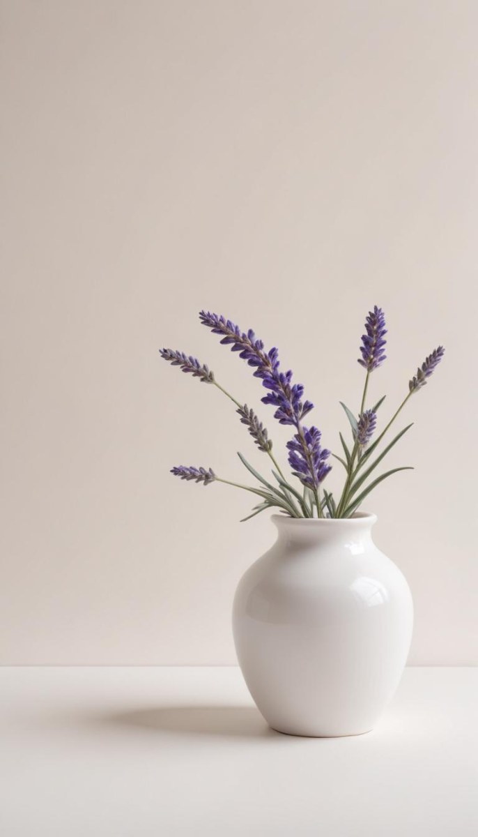 Lavender Flower In A White Ceramic Vase White Background Soft Lighting Minimalist Composition Clean Aesthetic Elegant Simple Calming Floral Arrangement Botanical Decorative 5 53bf