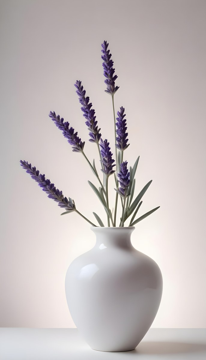 Lavender Flower In A White Ceramic Vase White Background Soft Lighting Minimalist Composition Clean Aesthetic Elegant Simple Calming Floral Arrangement Botanical Decorative 6 7bfe