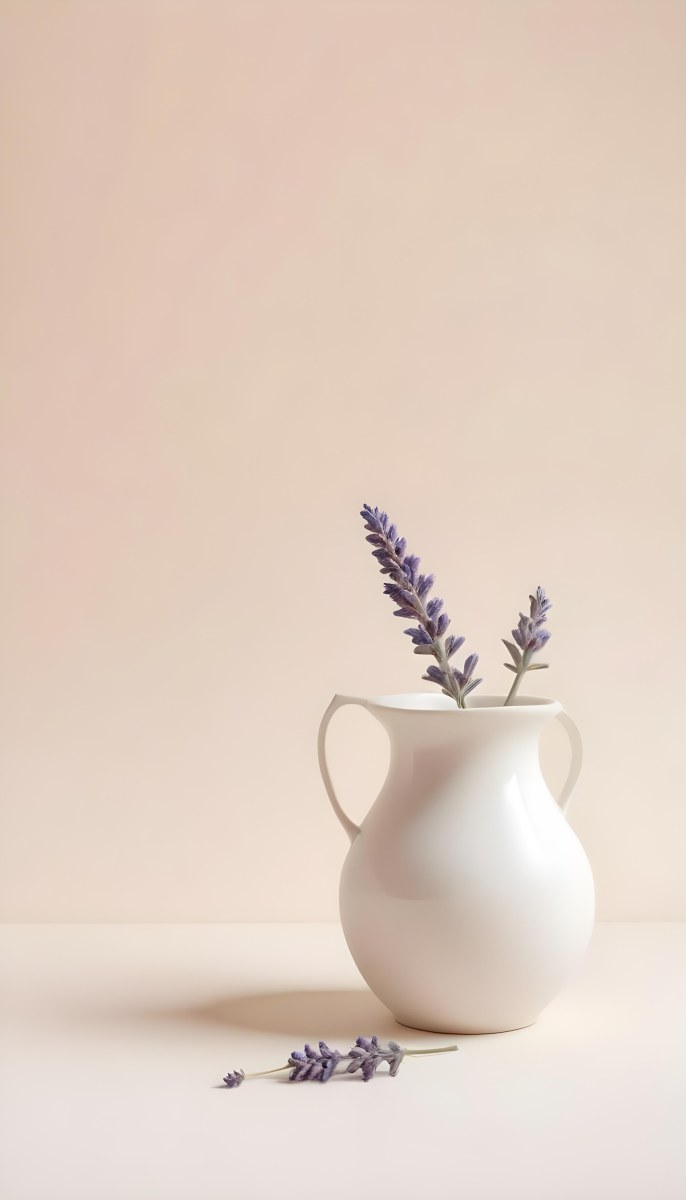 Lavender Flower In A White Ceramic Vase White Background Soft Lighting Minimalist Composition Clean Aesthetic Elegant Simple Calming Floral Arrangement Botanical Decorative 7 9511