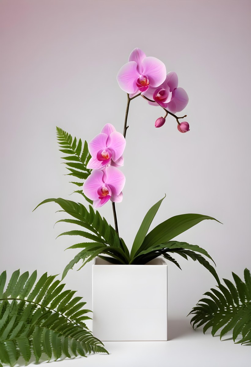 Minimal Soft Studio Light Photography A White Cube Shaped Box With A Pink Orchid Flower On A White Background With A Fern Leaf High Detail Solid Bold Color Background 1 E002