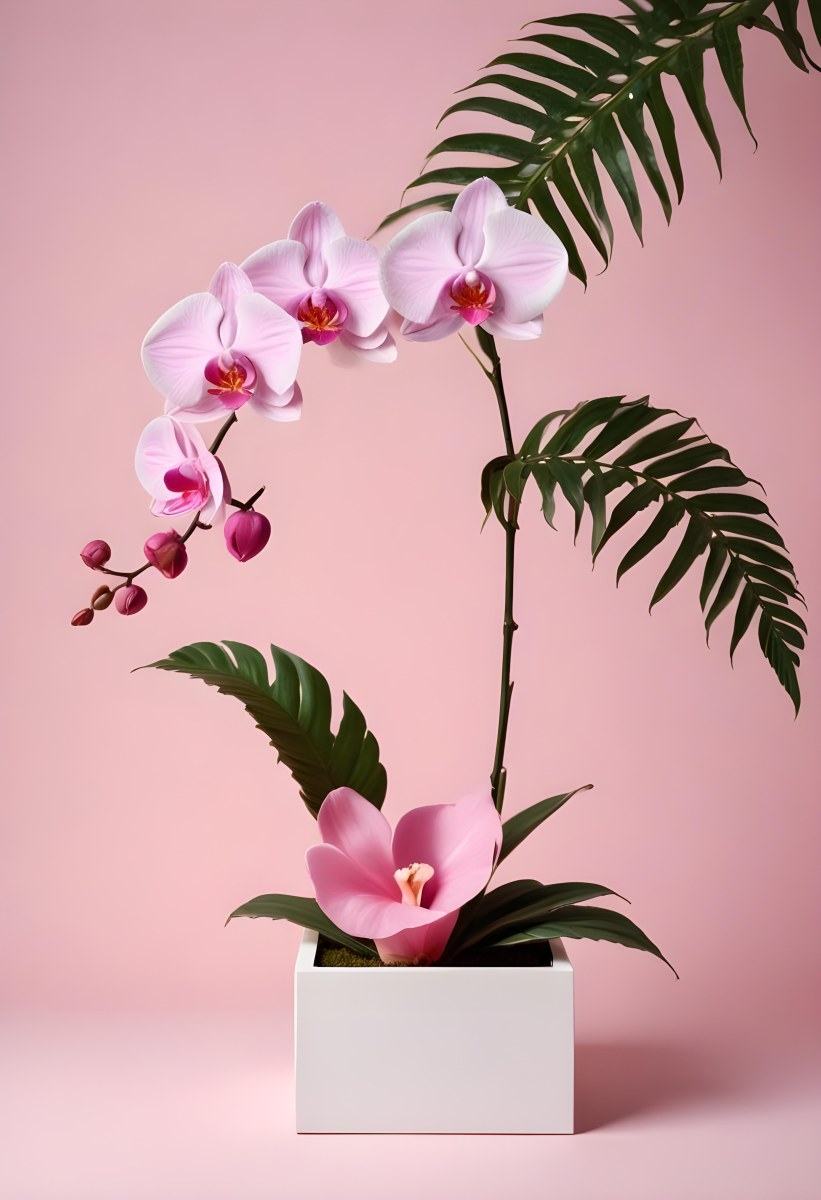Minimal Soft Studio Light Photography A White Cube Shaped Box With A Pink Orchid Flower On A White Background With A Fern Leaf High Detail Solid Bold Color Background 11 3faa