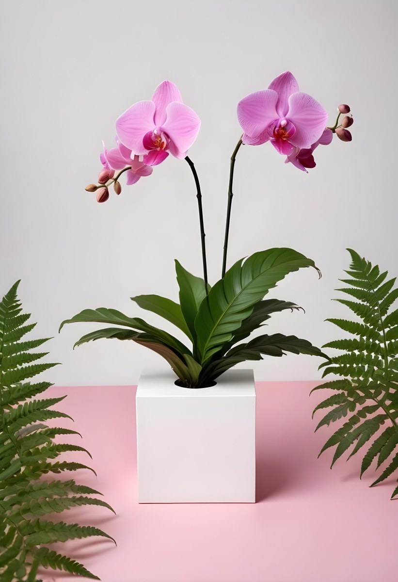 Minimal Soft Studio Light Photography A White Cube Shaped Box With A Pink Orchid Flower On A White Background With A Fern Leaf High Detail Solid Bold Color Background 12 226f