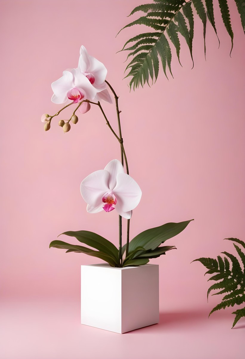 Minimal Soft Studio Light Photography A White Cube Shaped Box With A Pink Orchid Flower On A White Background With A Fern Leaf High Detail Solid Bold Color Background 2 5d7c