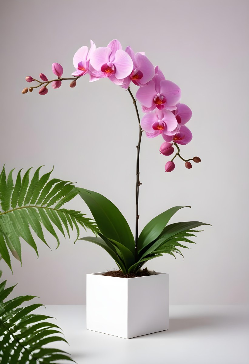 Minimal Soft Studio Light Photography A White Cube Shaped Box With A Pink Orchid Flower On A White Background With A Fern Leaf High Detail Solid Bold Color Background 21 90da