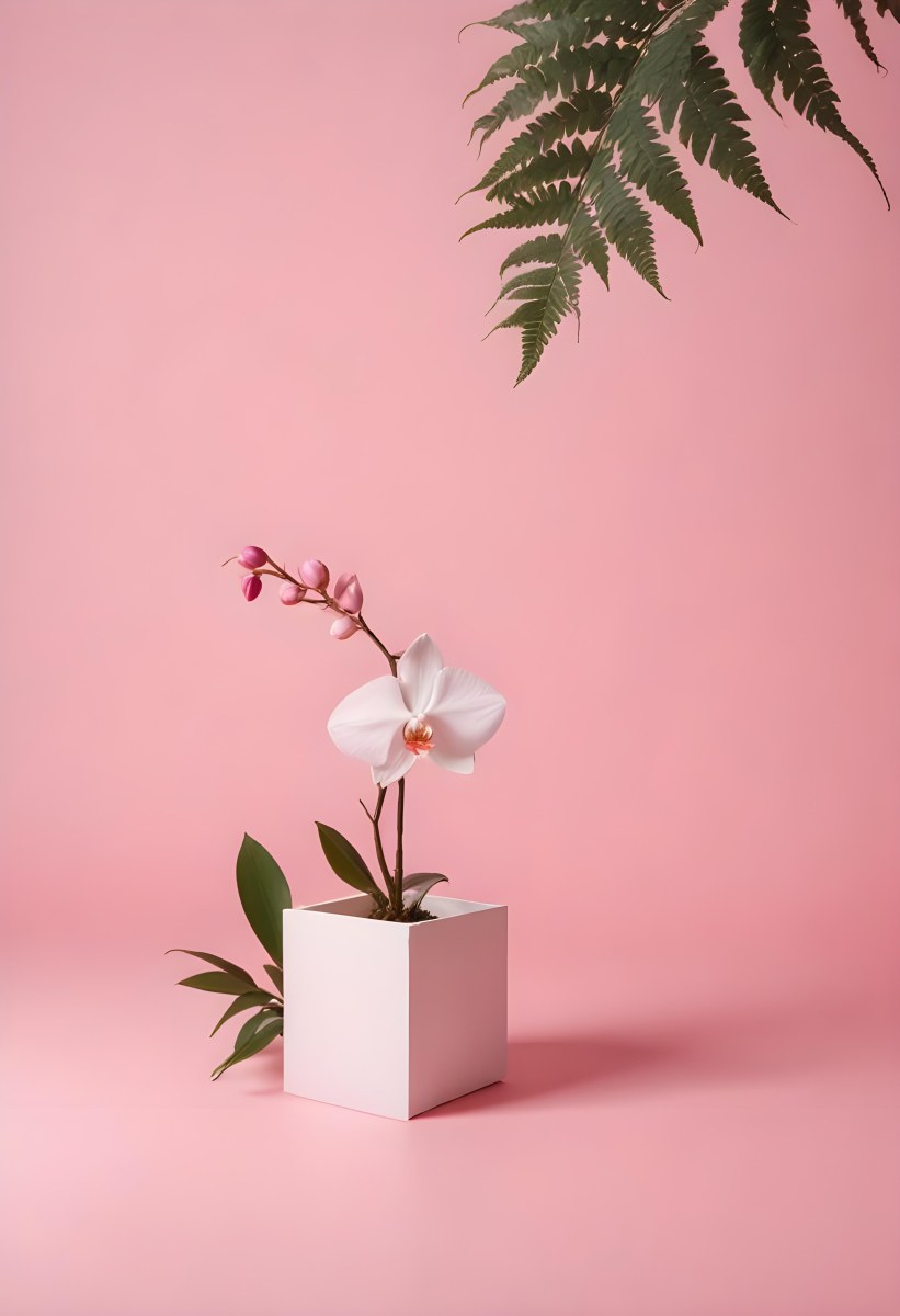 Minimal Soft Studio Light Photography A White Cube Shaped Box With A Pink Orchid Flower On A White Background With A Fern Leaf High Detail Solid Bold Color Background 27 9924