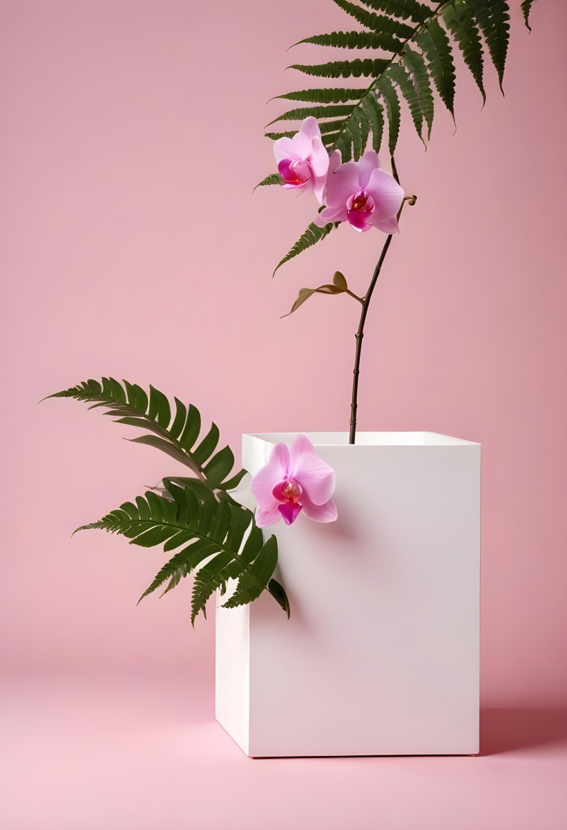 Minimal Soft Studio Light Photography A White Cube Shaped Box With A Pink Orchid Flower On A White Background With A Fern Leaf High Detail Solid Bold Color Background 29 2acf