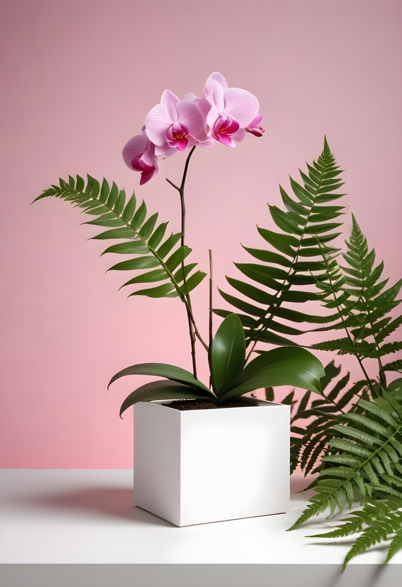 Minimal Soft Studio Light Photography A White Cube Shaped Box With A Pink Orchid Flower On A White Background With A Fern Leaf High Detail Solid Bold Color Background 3 0aeb