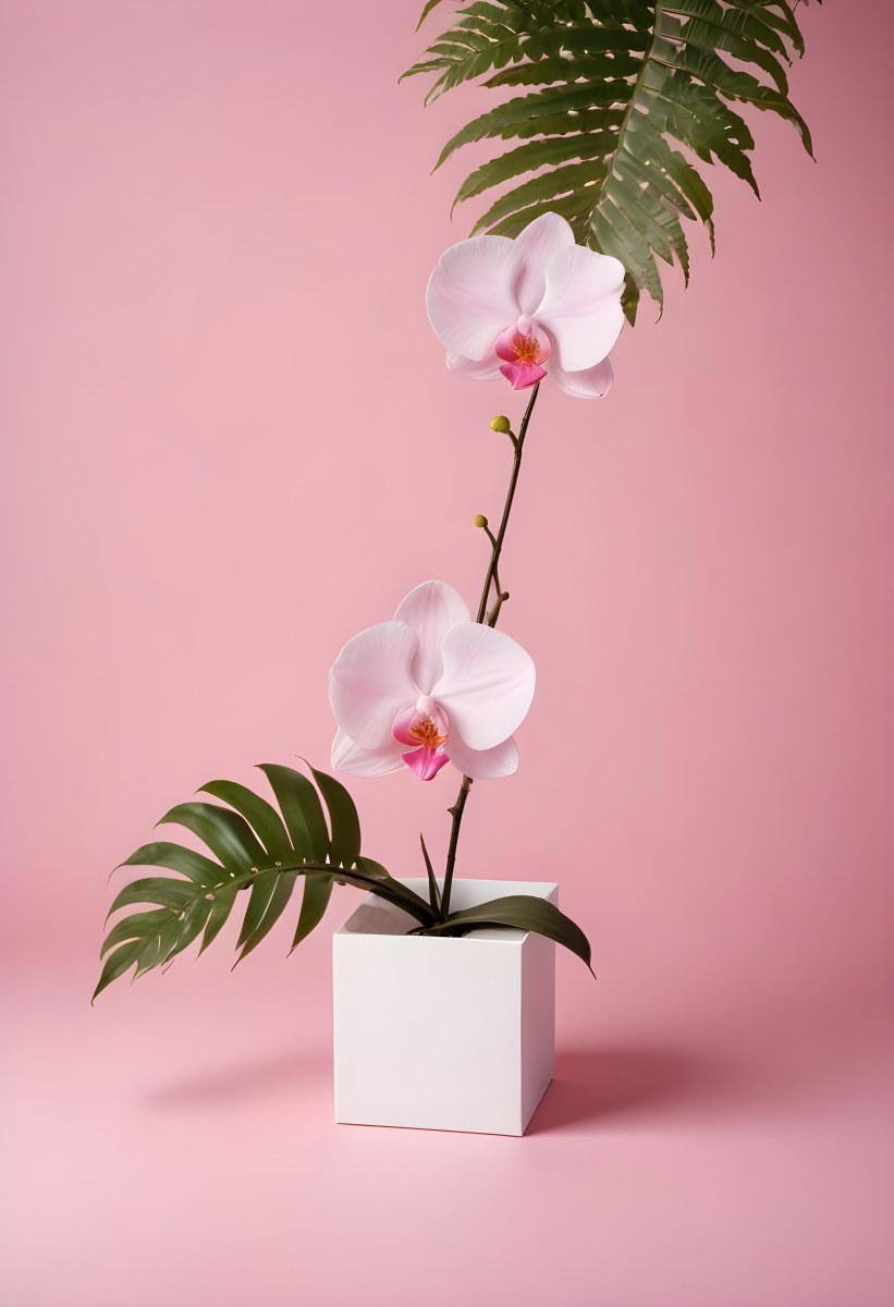 Minimal Soft Studio Light Photography A White Cube Shaped Box With A Pink Orchid Flower On A White Background With A Fern Leaf High Detail Solid Bold Color Background 30 1f95