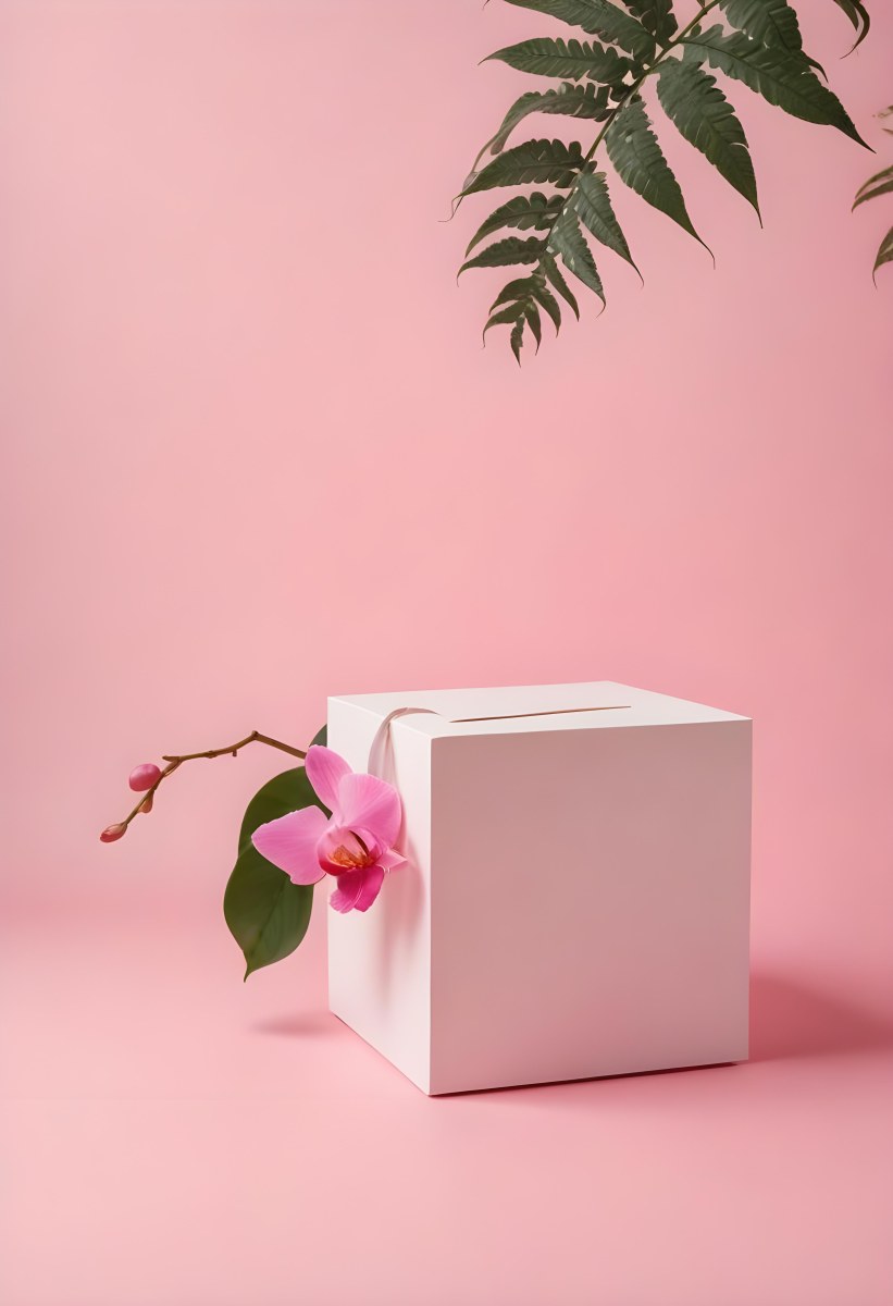 Minimal Soft Studio Light Photography A White Cube Shaped Box With A Pink Orchid Flower On A White Background With A Fern Leaf High Detail Solid Bold Color Background 31 F72a