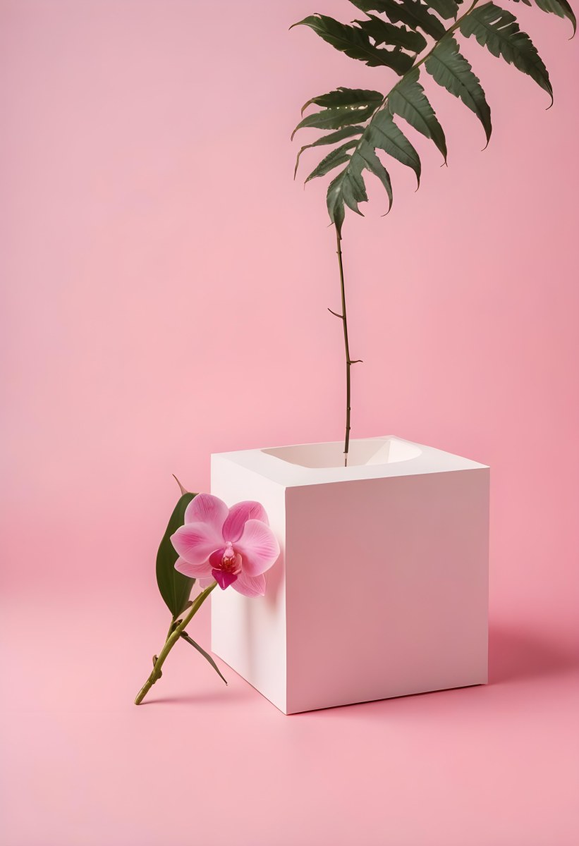Minimal Soft Studio Light Photography A White Cube Shaped Box With A Pink Orchid Flower On A White Background With A Fern Leaf High Detail Solid Bold Color Background 32 A708