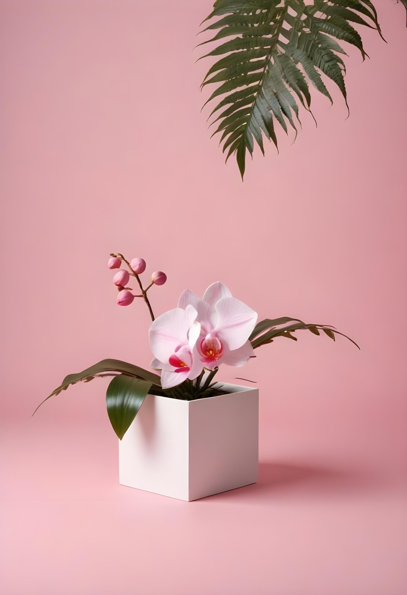 Minimal Soft Studio Light Photography A White Cube Shaped Box With A Pink Orchid Flower On A White Background With A Fern Leaf High Detail Solid Bold Color Background 33 6943
