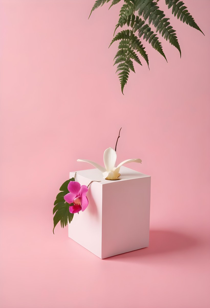 Minimal Soft Studio Light Photography A White Cube Shaped Box With A Pink Orchid Flower On A White Background With A Fern Leaf High Detail Solid Bold Color Background 34 Ccc1