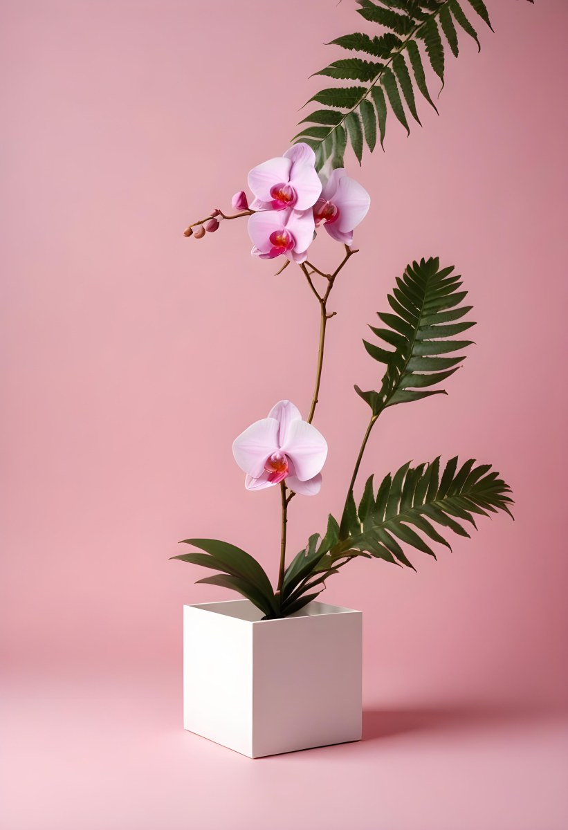 Minimal Soft Studio Light Photography A White Cube Shaped Box With A Pink Orchid Flower On A White Background With A Fern Leaf High Detail Solid Bold Color Background 4 5727