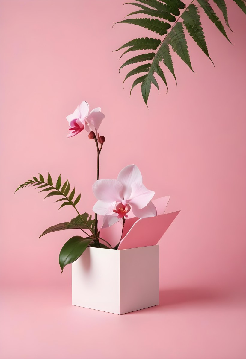 Minimal Soft Studio Light Photography A White Cube Shaped Box With A Pink Orchid Flower On A White Background With A Fern Leaf High Detail Solid Bold Color Background 5 8e5f
