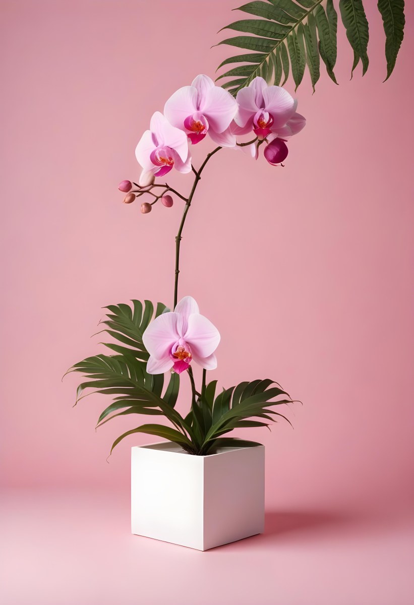 Minimal Soft Studio Light Photography A White Cube Shaped Box With A Pink Orchid Flower On A White Background With A Fern Leaf High Detail Solid Bold Color Background 6 60dc