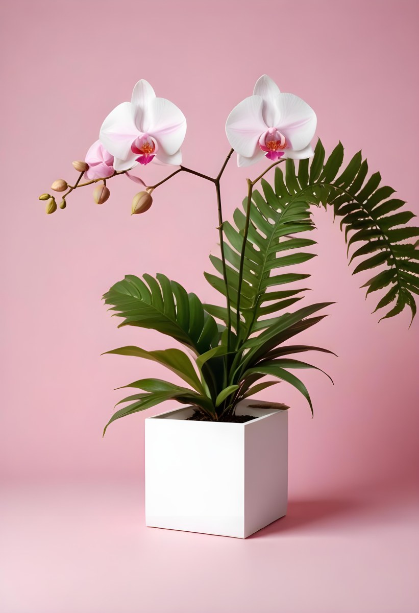 Minimal Soft Studio Light Photography A White Cube Shaped Box With A Pink Orchid Flower On A White Background With A Fern Leaf High Detail Solid Bold Color Background 7 2caa