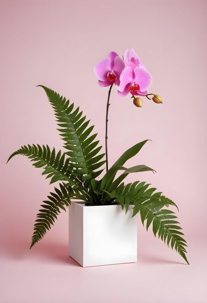 Minimal Soft Studio Light Photography A White Cube Shaped Box With A Pink Orchid Flower On A White Background With A Fern Leaf High Detail Solid Bold Color Background 9 8d92