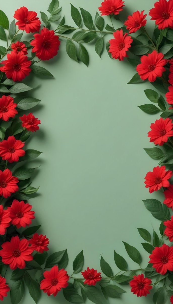 Minimal Soft Studio Light Photography Red Flowers With Green Leaves On A Light Background Creating A Floral Frame High Detail Solid Bold Color Background 4 19d9