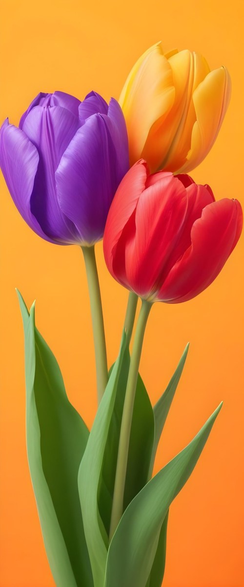 Minimal Soft Studio Light Photography Two Tulips One Red And One Orange Against A Orange Background High Detail Solid Bold Color Background 11 B129