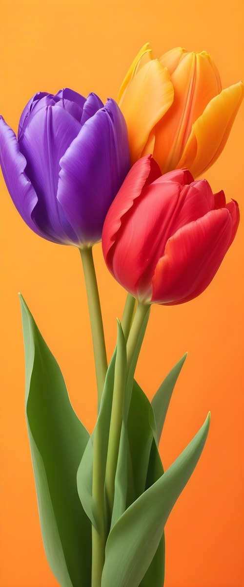 Minimal Soft Studio Light Photography Two Tulips One Red And One Orange Against A Orange Background High Detail Solid Bold Color Background 15 49ec