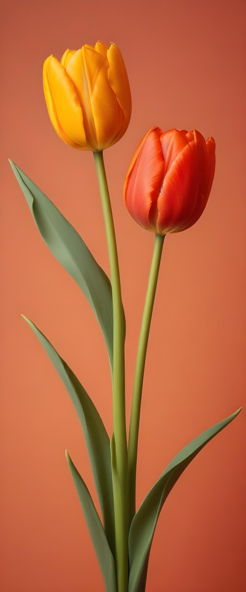 Minimal Soft Studio Light Photography Two Tulips One Red And One Orange Against A Orange Background High Detail Solid Bold Color Background 25 86ba