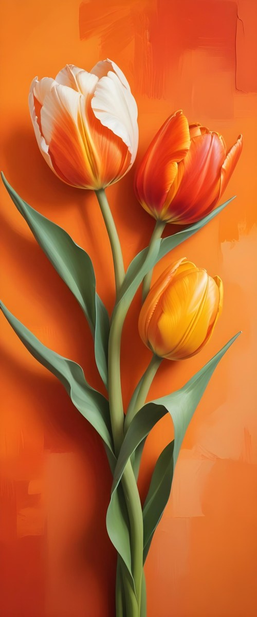 Minimal Soft Studio Light Photography Two Tulips One Red And One Orange Against A Orange Background High Detail Solid Bold Color Background 3 F88c