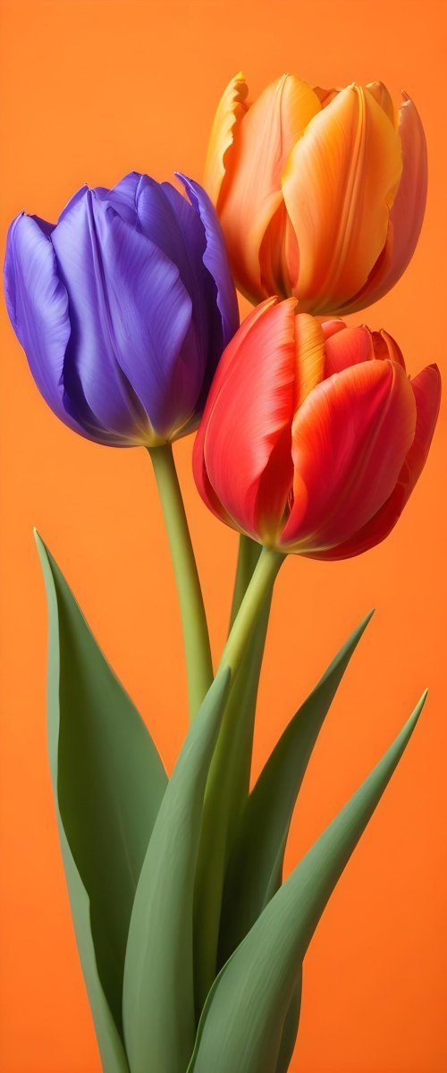 Minimal Soft Studio Light Photography Two Tulips One Red And One Orange Against A Orange Background High Detail Solid Bold Color Background 30 5d1d
